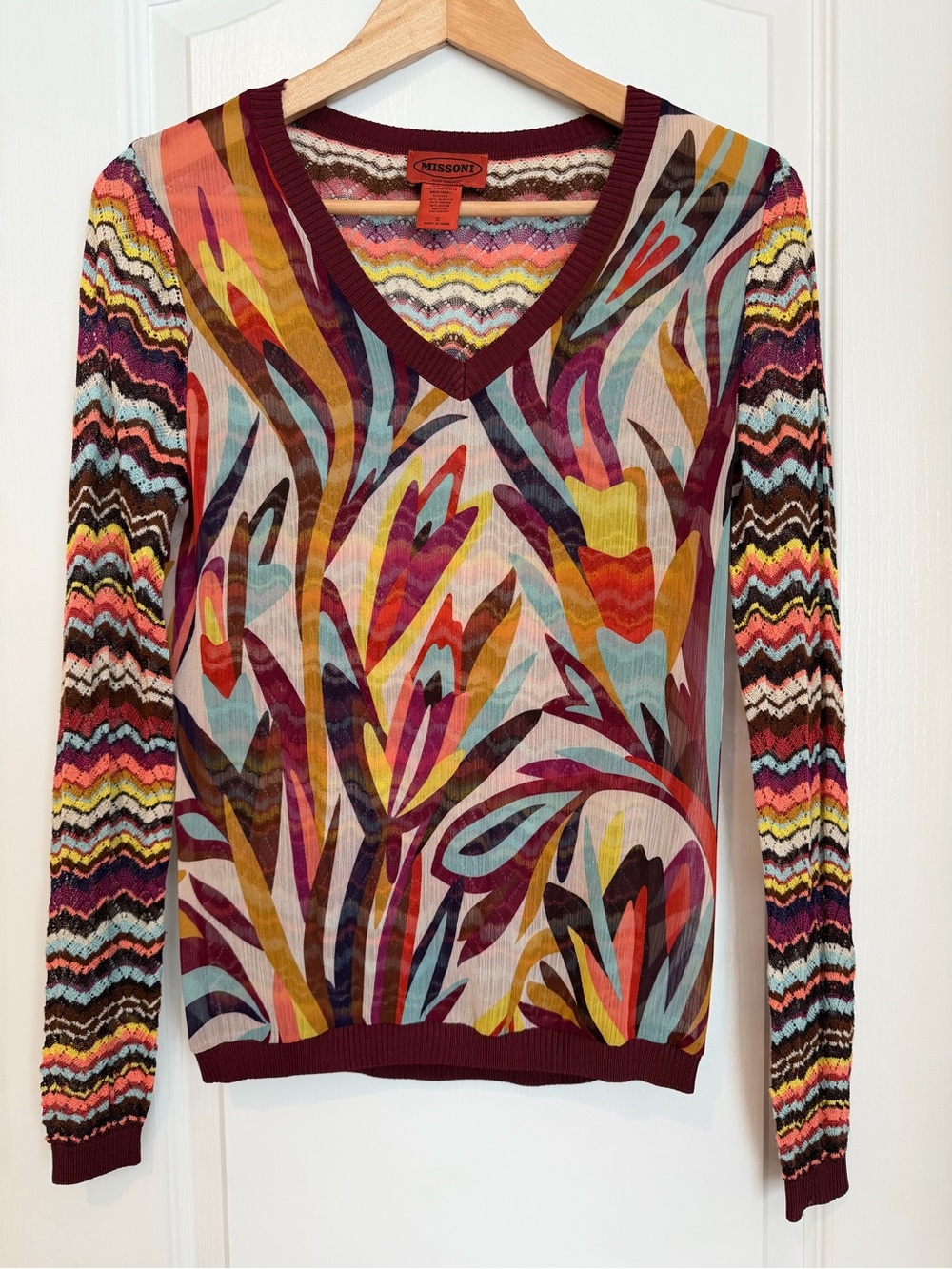 Missoni x Target Floral Chevron V-Neck Sweater — Burgundy Trim